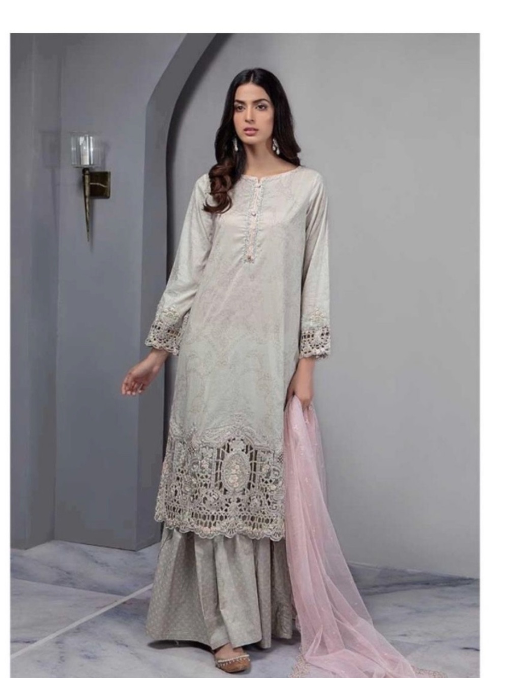 Maria B Embroidered Light Sage Green Kurta Set with Pink Dupatta